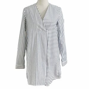COS WHITE NAVY NAUTICAL STRIPED LONG SLEEVE V-NECK TUNIC BLOUSE - 2